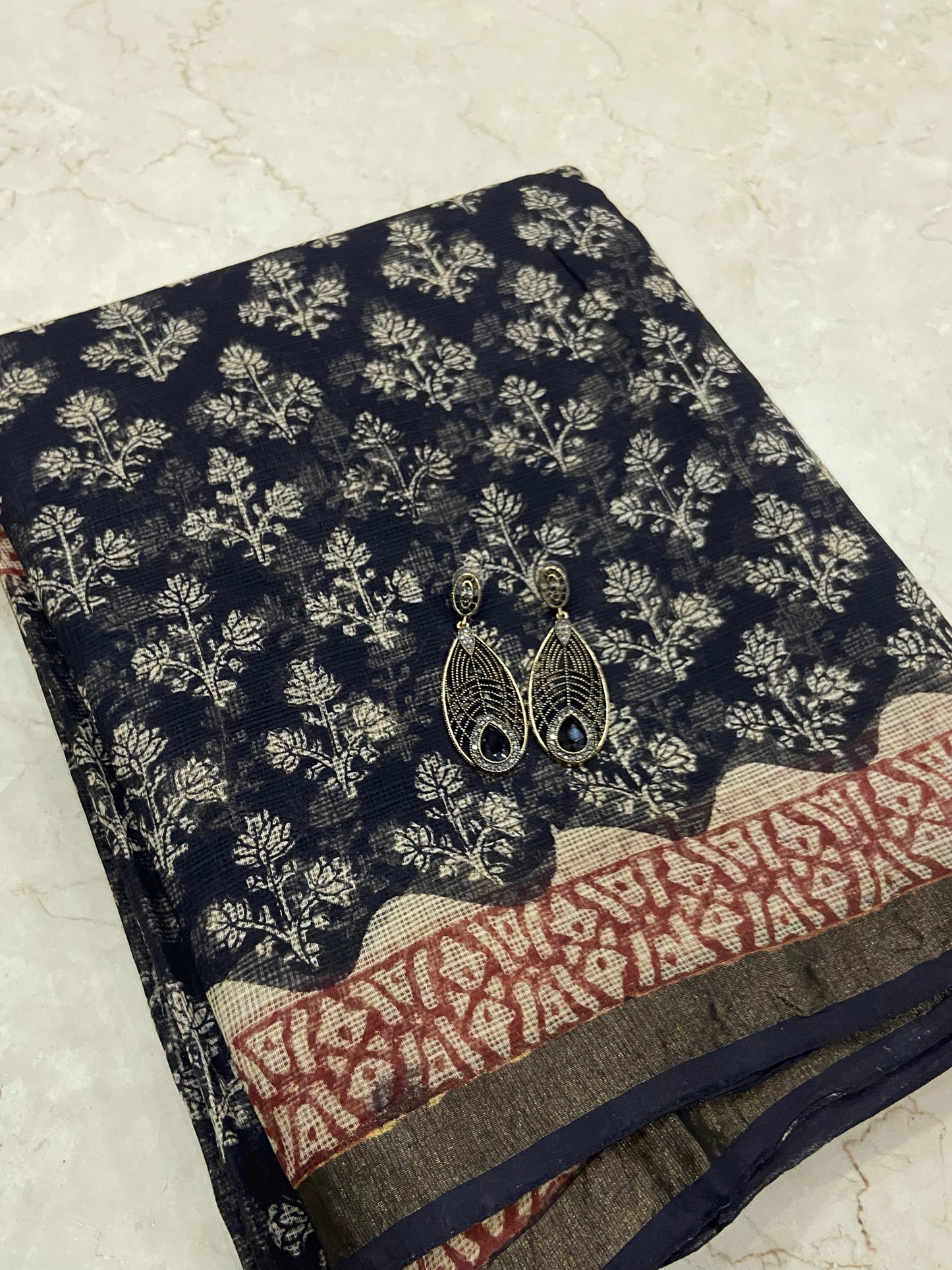 Black flowers handblock printed kota doria saree