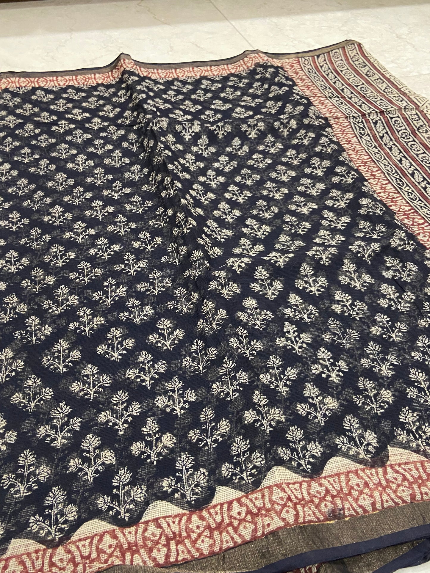Black flowers handblock printed kota doria saree