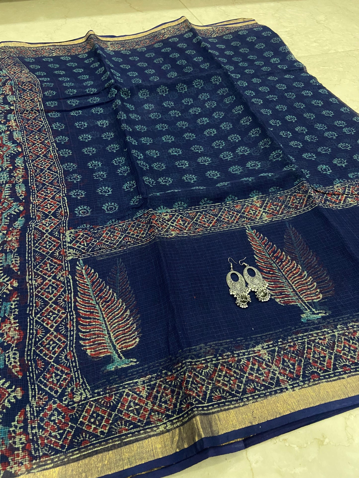 Blue cotton kota doria saree