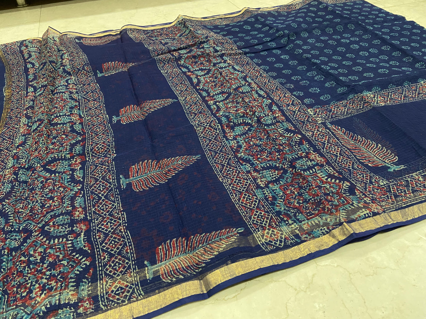 Blue cotton kota doria saree