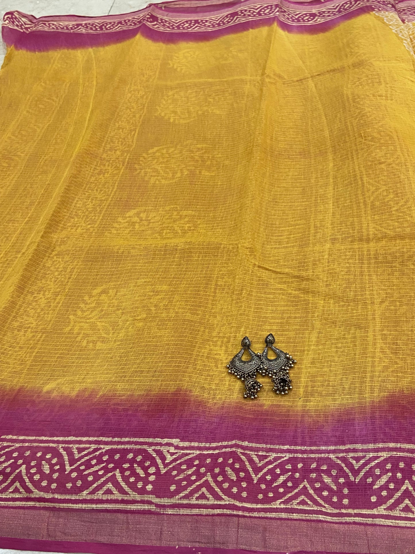 Yellow and pink handblock printed cotton kota doria saree