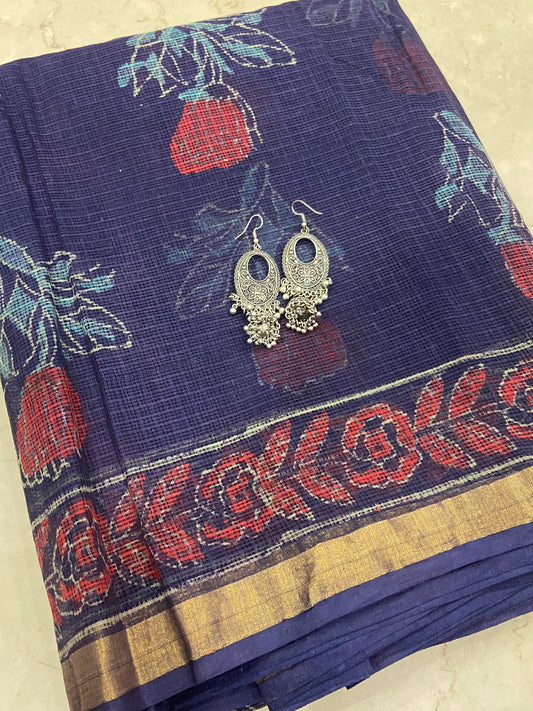 Blue and red rose handblock printed cotton kota doria saree