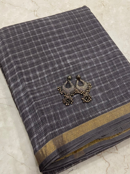 Grey checkered cotton kota doria saree