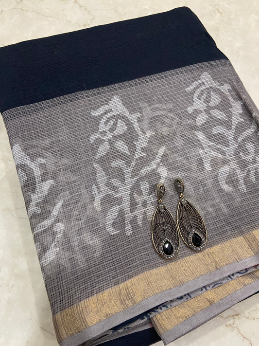 Black and grey border cotton kota doria saree
