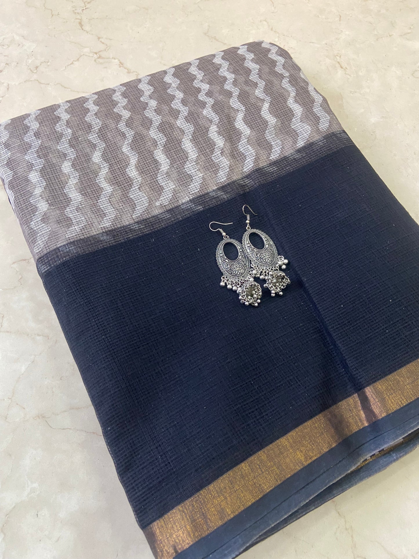 Black and grey pattern cotton kota doria saree