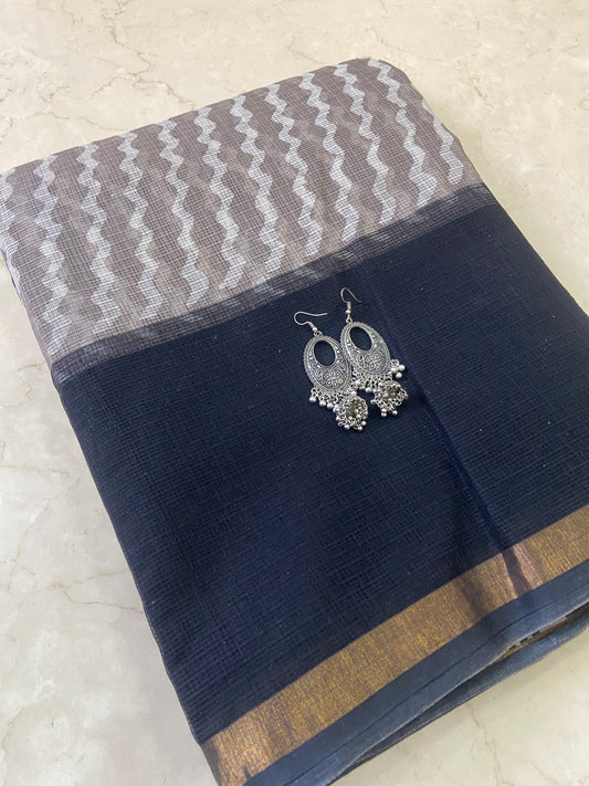 Black and grey pattern cotton kota doria saree
