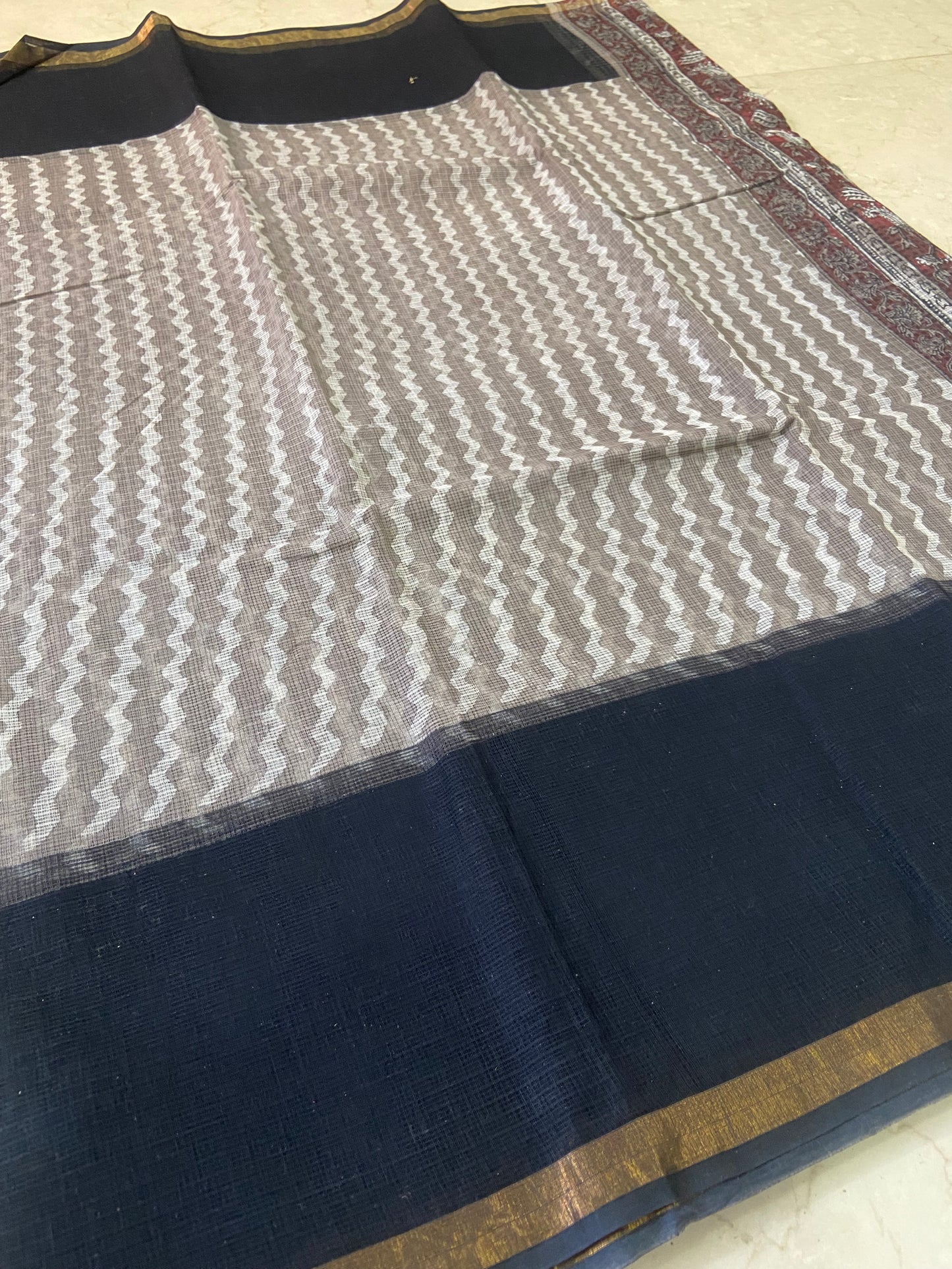 Black and grey pattern cotton kota doria saree