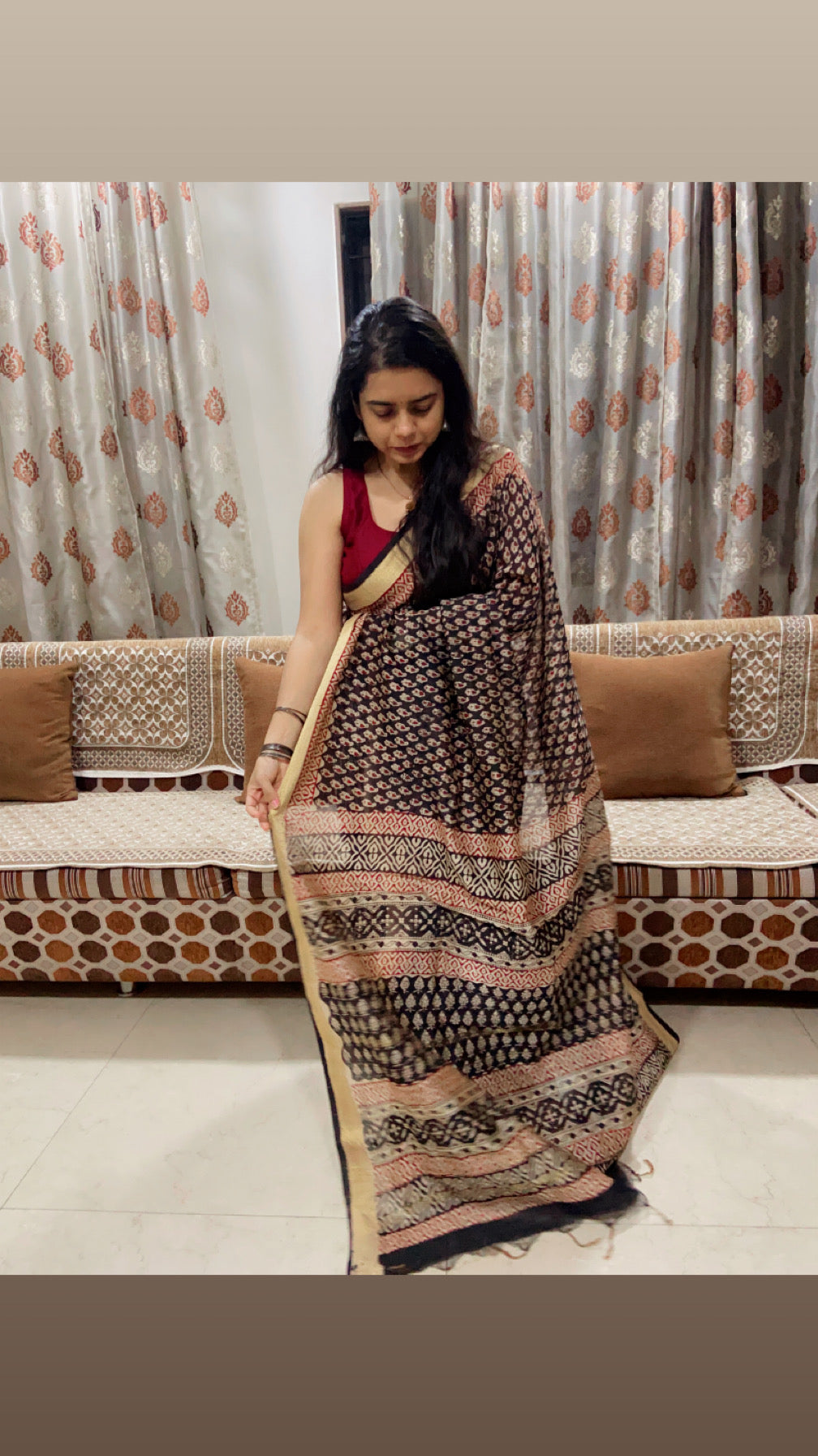 Charcoal black maheshwari cotton silk zari border saree