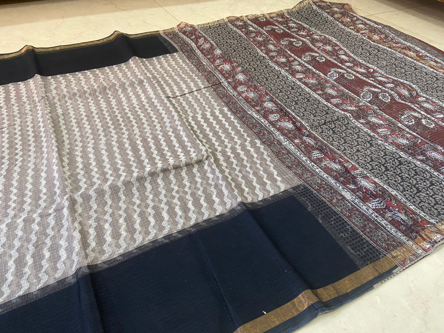 Black and grey pattern cotton kota doria saree