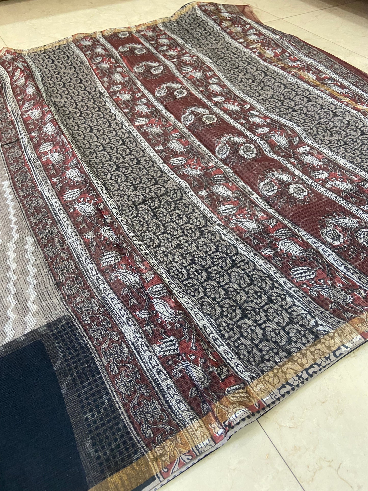 Black and grey pattern cotton kota doria saree