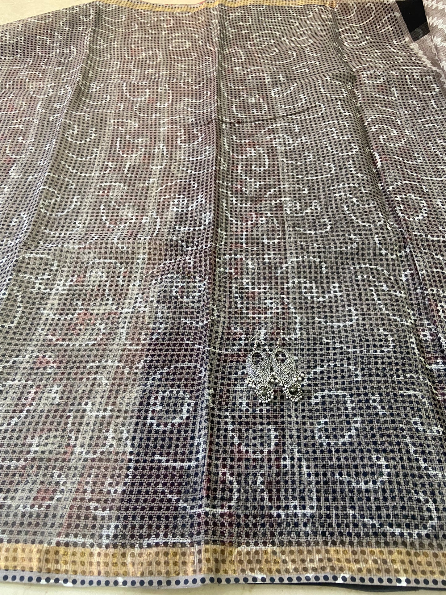 Black and grey pattern cotton kota doria saree