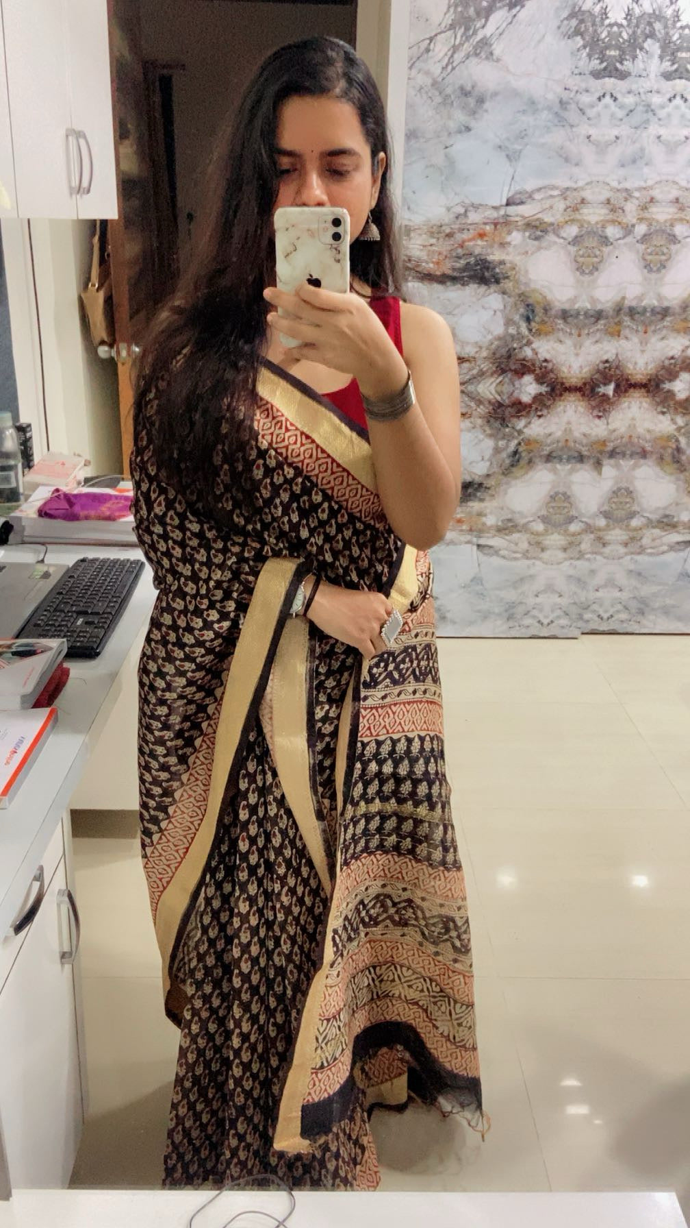 Charcoal black maheshwari cotton silk zari border saree