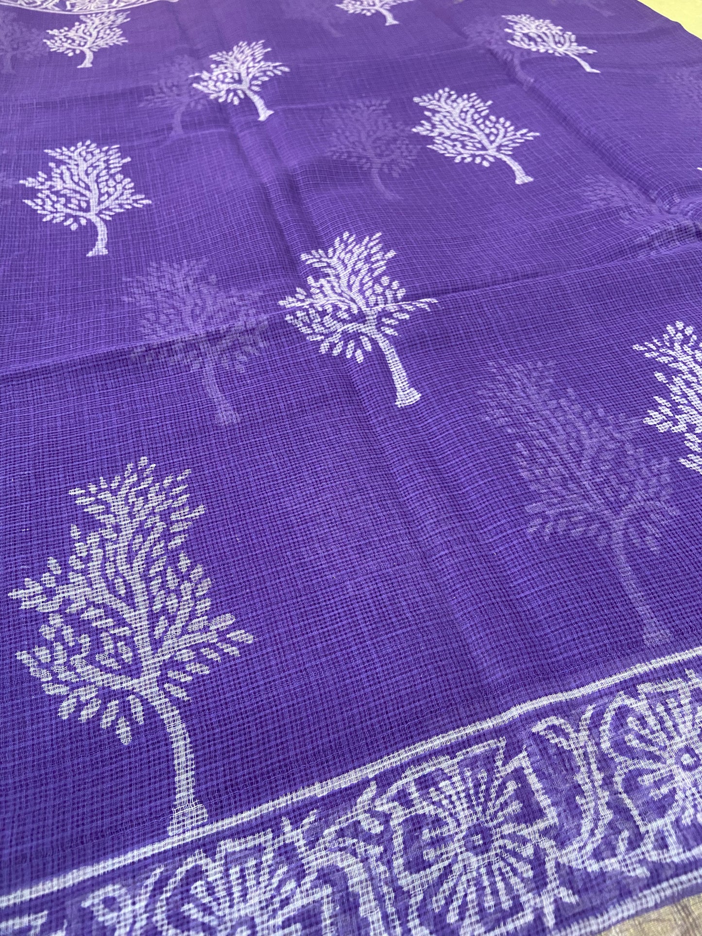 Lavender tree handblock printed cotton kota doria saree
