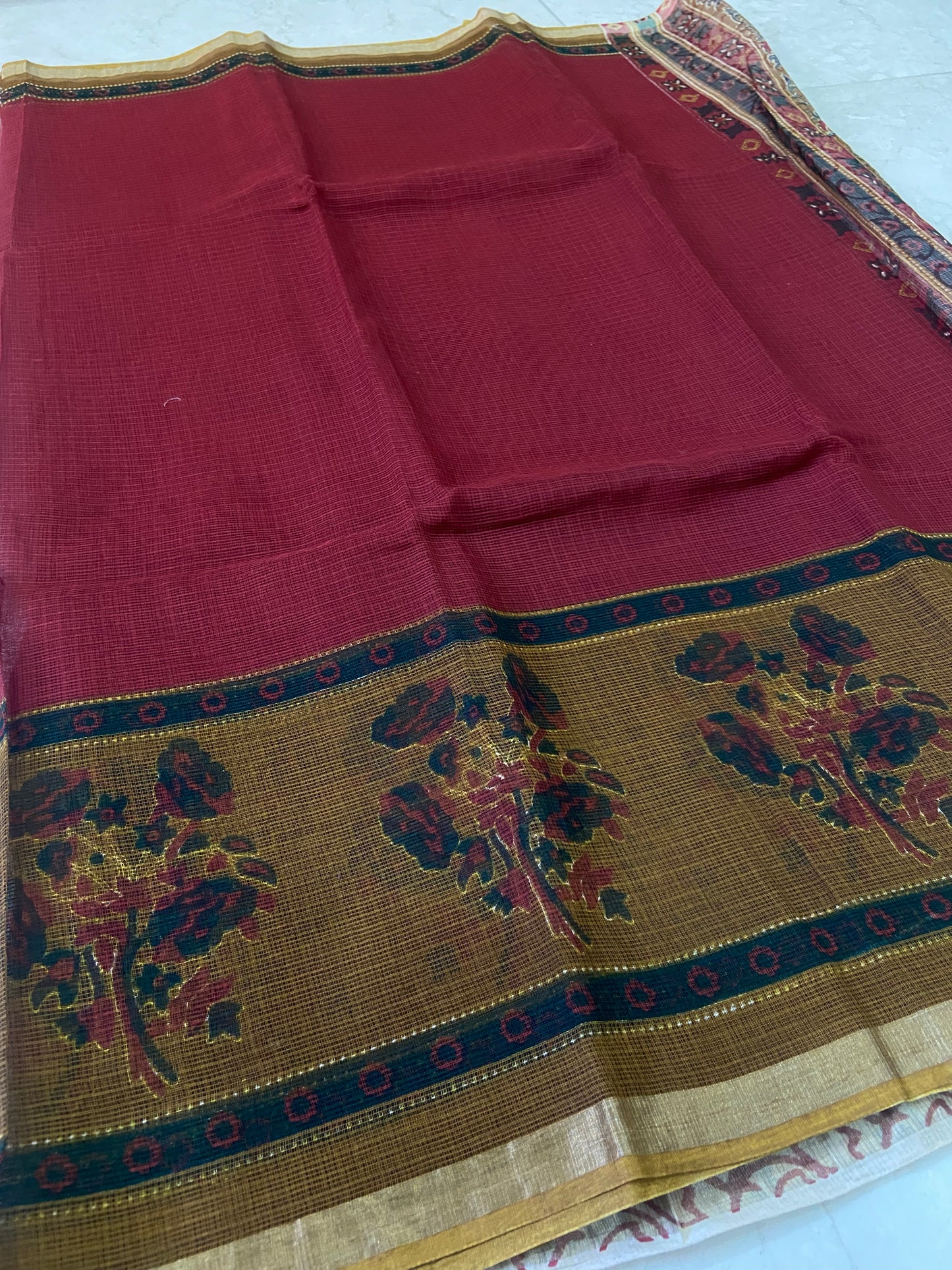 Dark Red cotton kota doria zari border saree