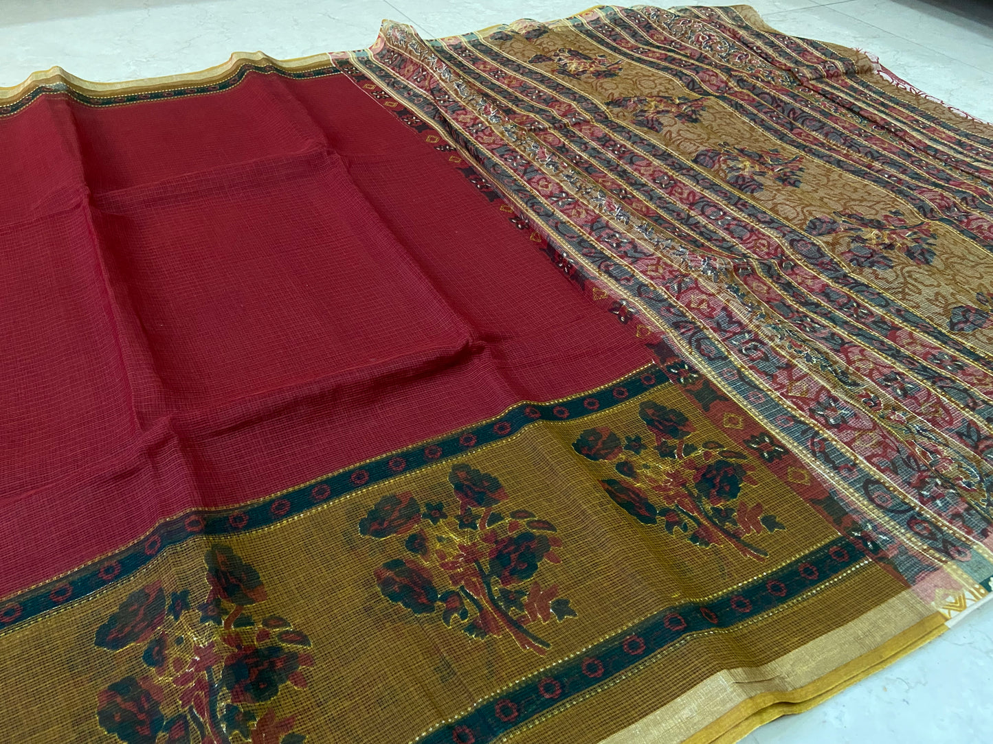 Dark Red cotton kota doria zari border saree