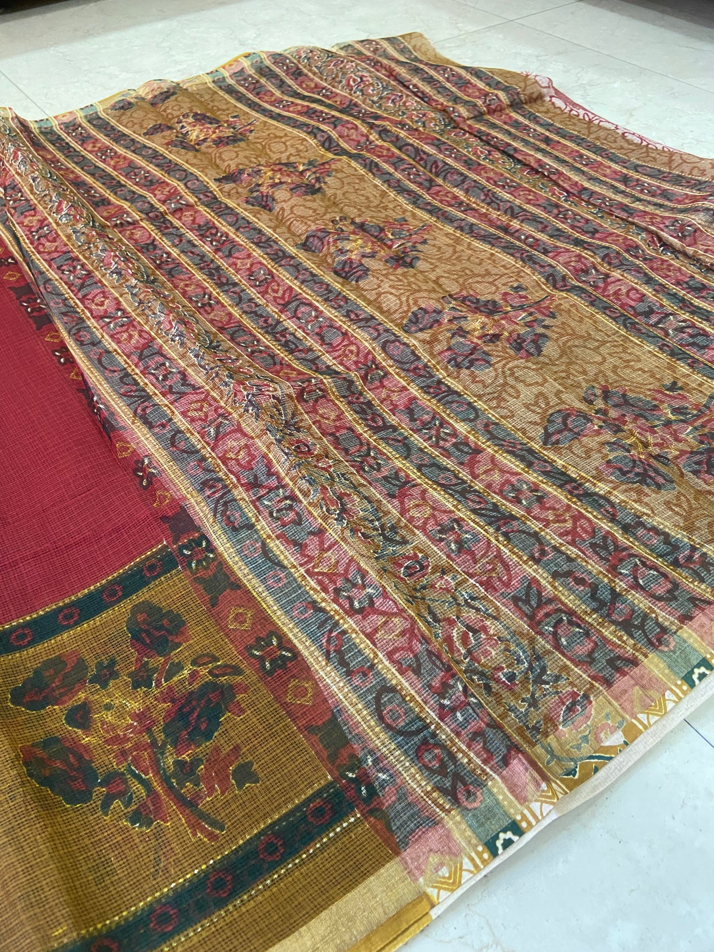 Dark Red cotton kota doria zari border saree