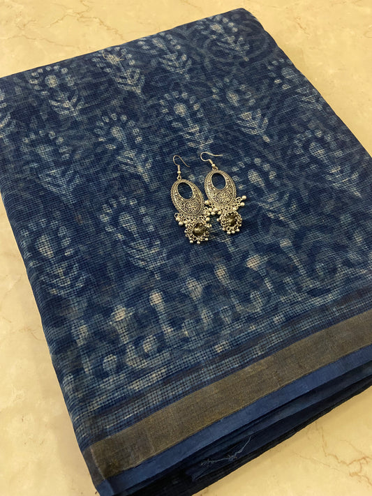 Indigo blue cotton kota doria saree