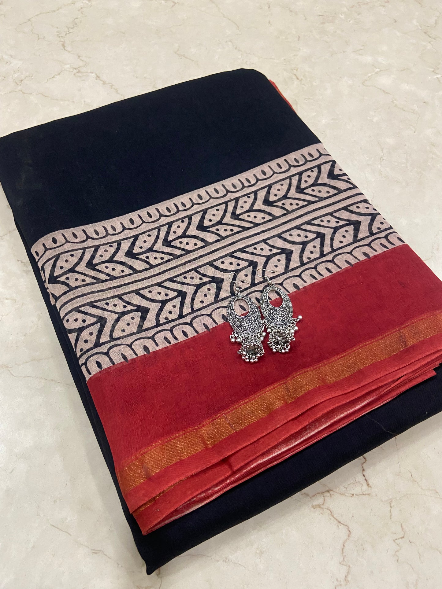 Black and red border chanderi cotton silk zari border saree