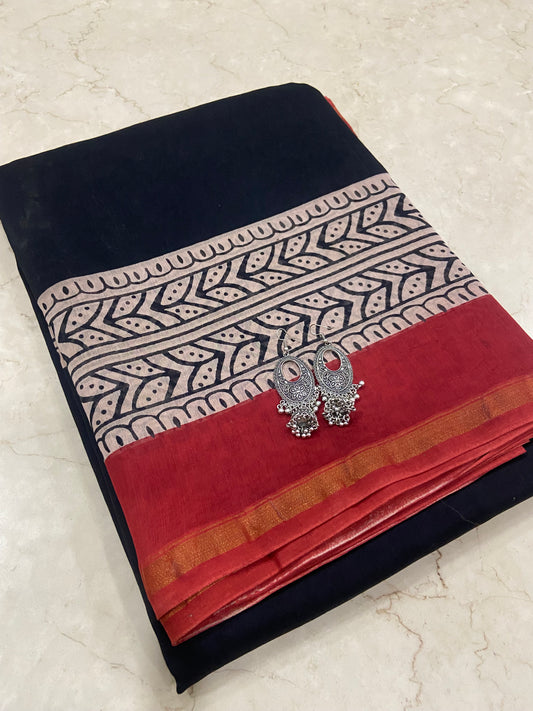 Black and red border chanderi cotton silk zari border saree