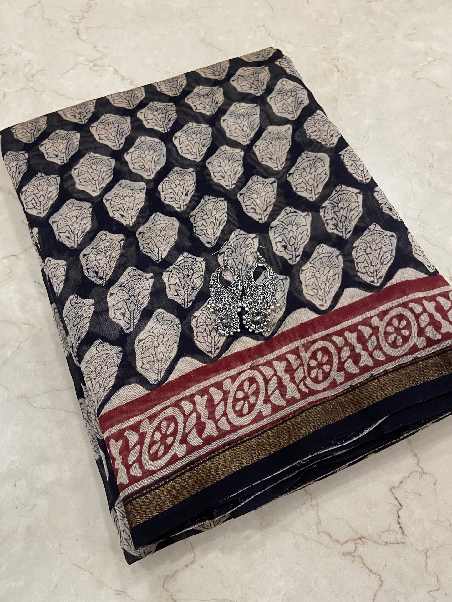 Black and brown chanderi cotton silk zari border saree