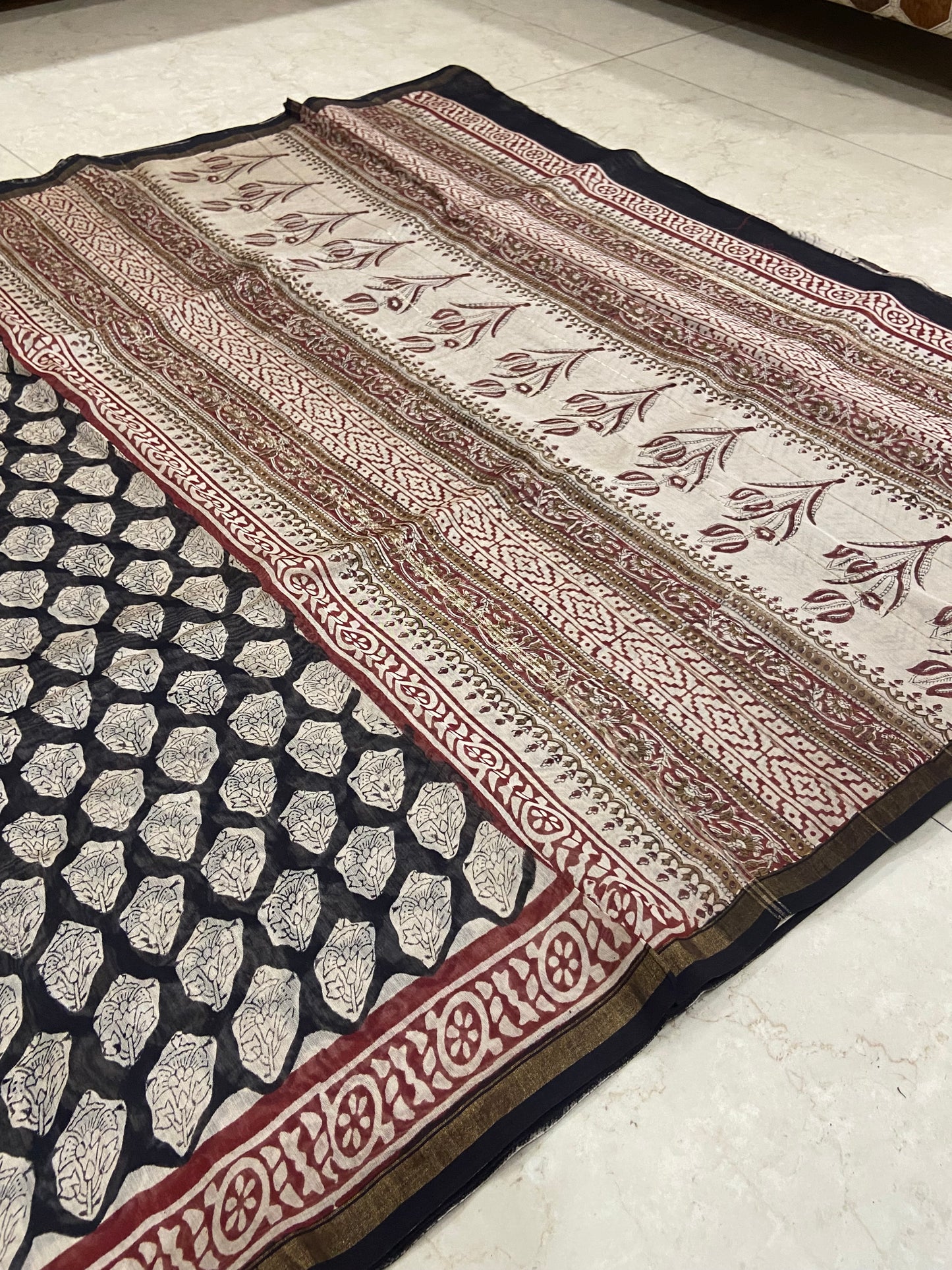 Black and brown chanderi cotton silk zari border saree