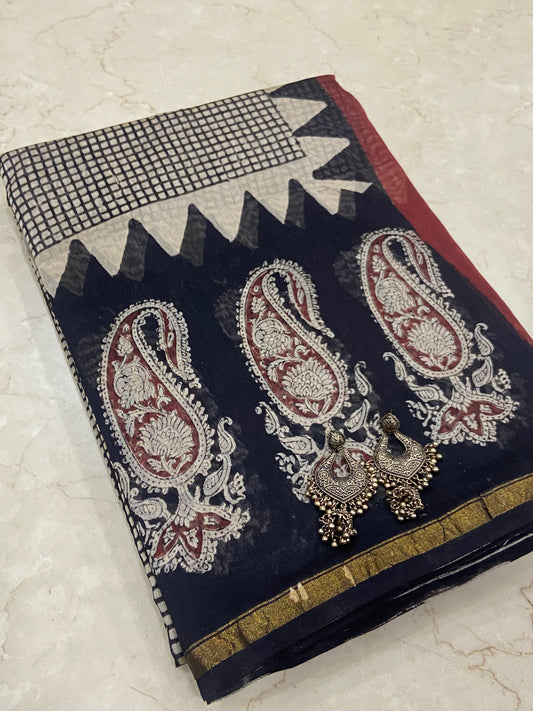 Black Checkered mango border chanderi cotton silk saree