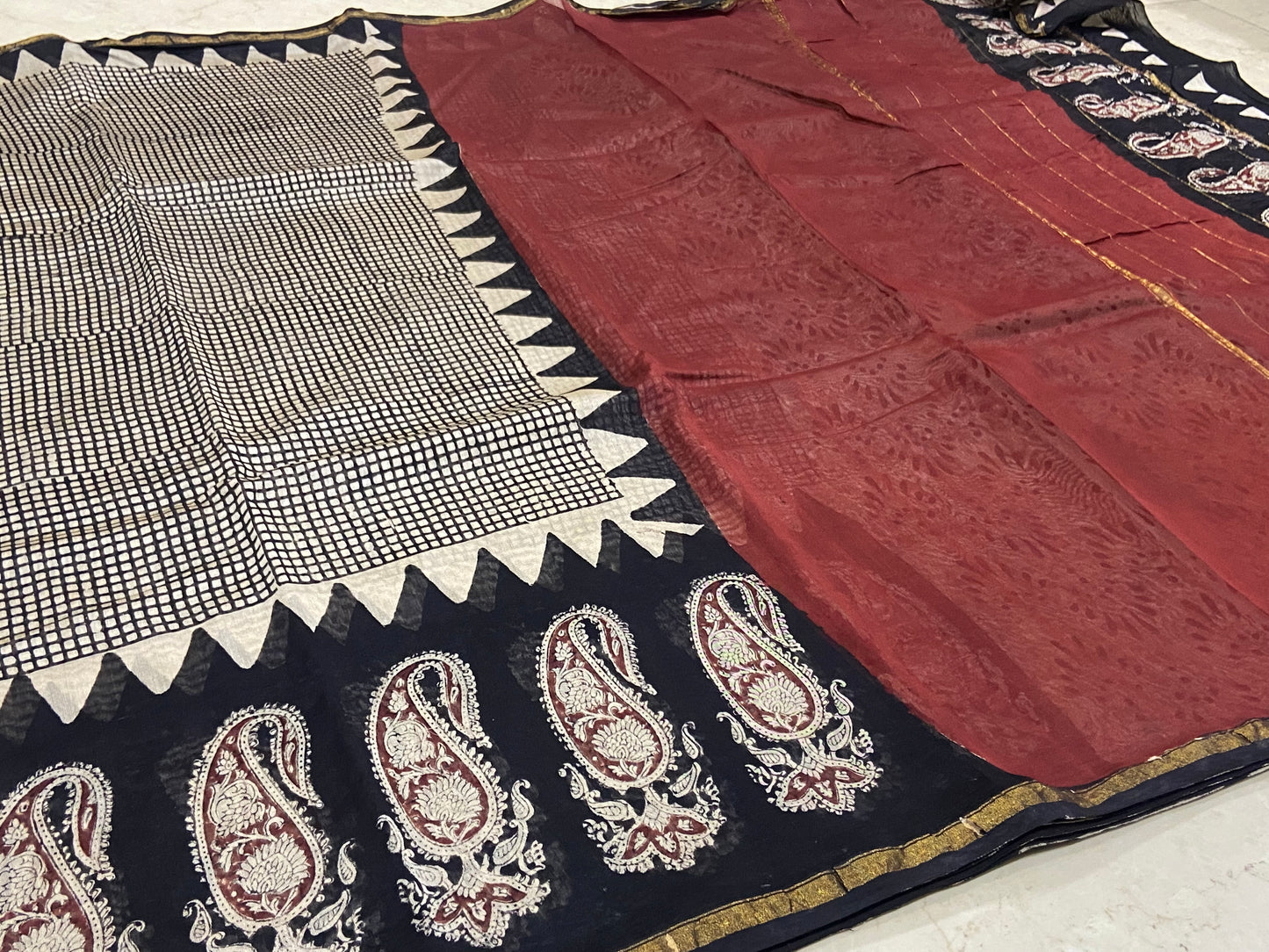 Black Checkered mango border chanderi cotton silk saree