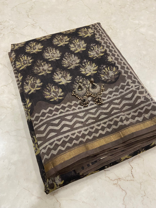 Coffee brown chanderi cotton silk zari border saree
