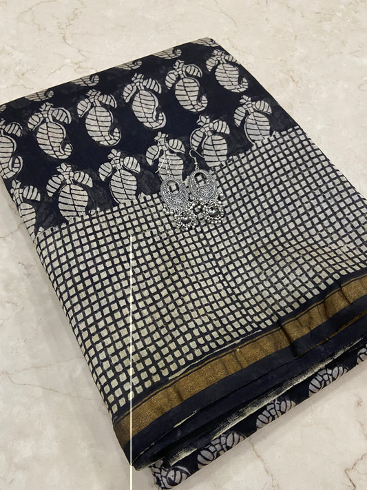 Black mango buttis chanderi cotton silk zari border saree