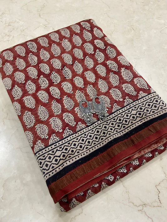 Brown chanderi cotton silk zari border saree