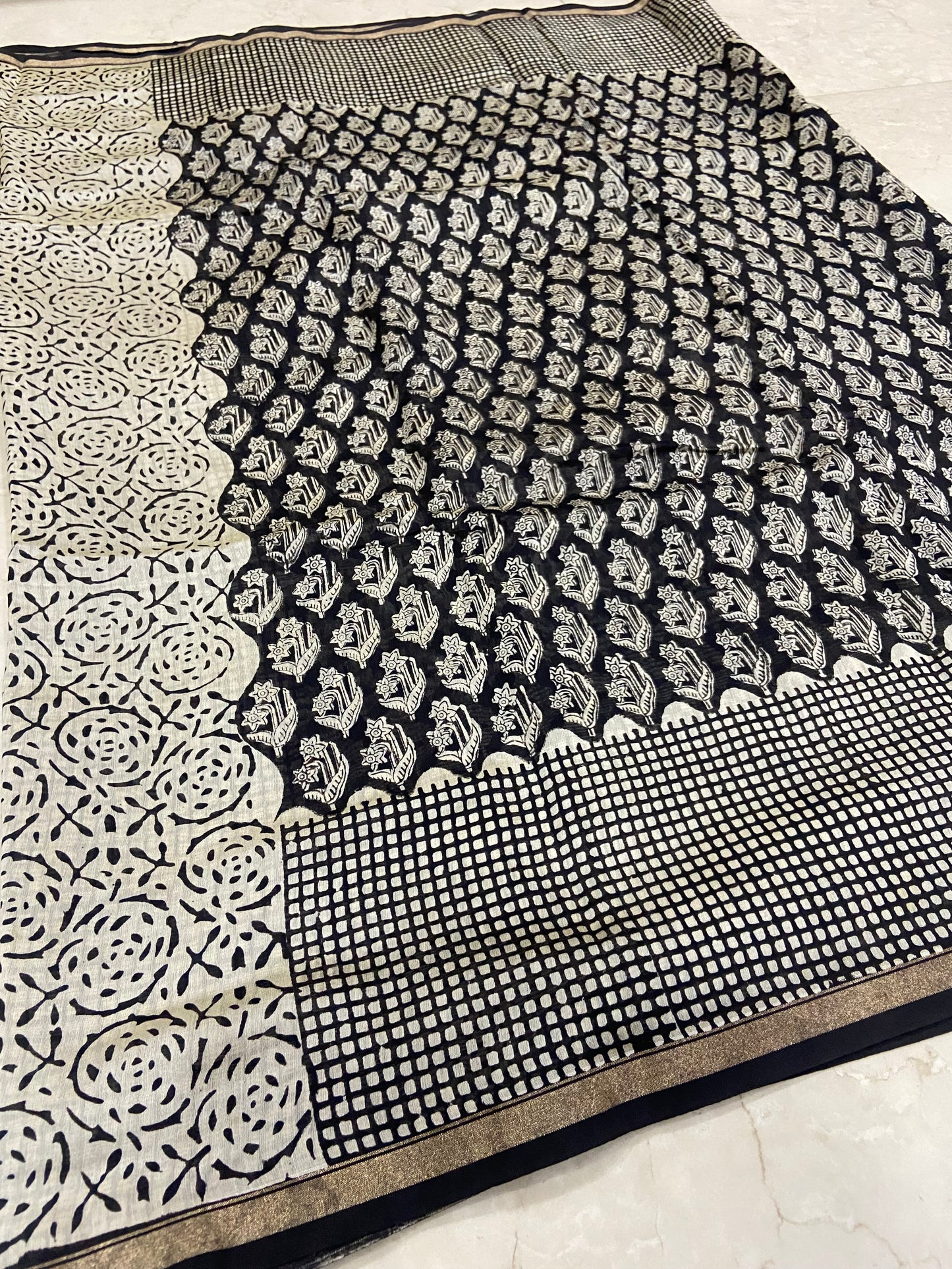 Black and white chanderi cotton silk zari border saree