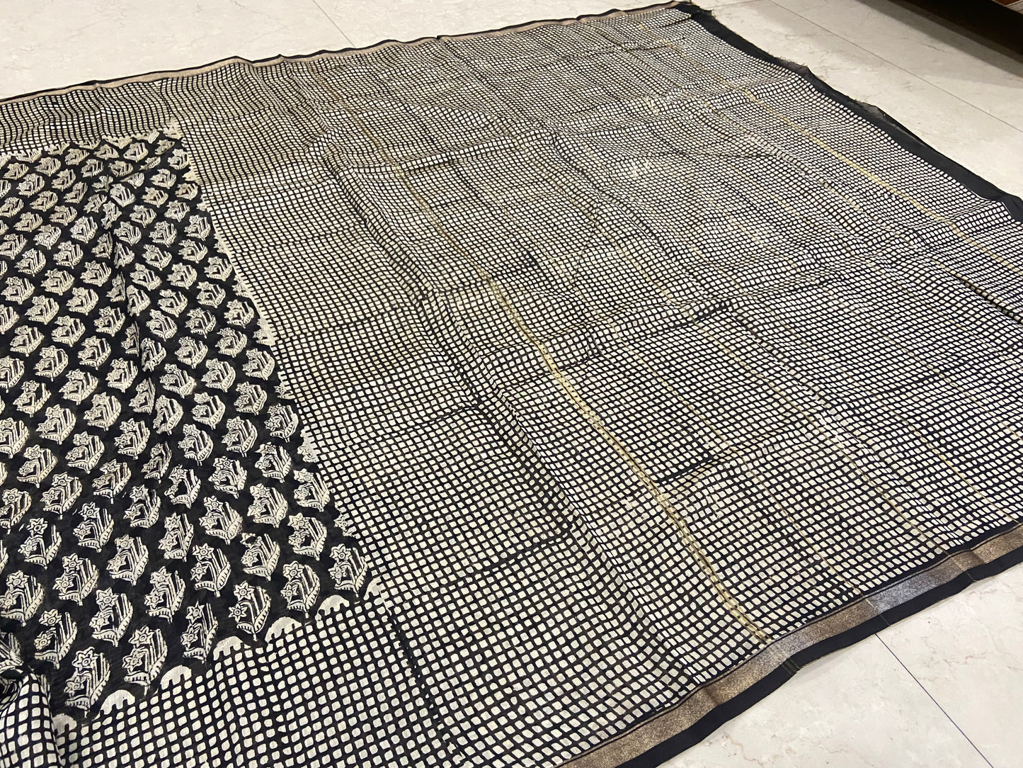 Black and white chanderi cotton silk zari border saree