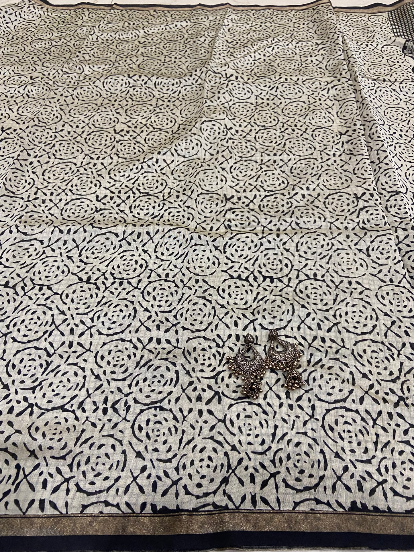 Black and white chanderi cotton silk zari border saree