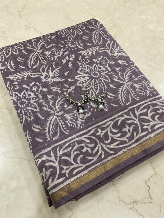 Grey chanderi cotton silk zari border saree