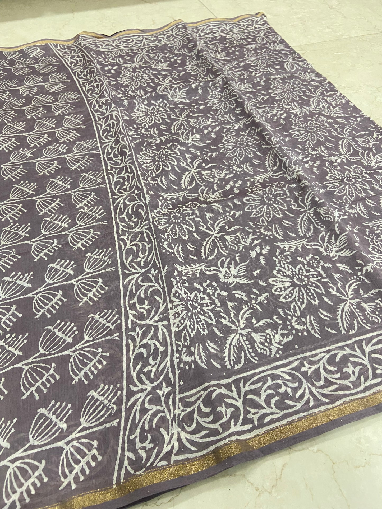 Grey chanderi cotton silk zari border saree