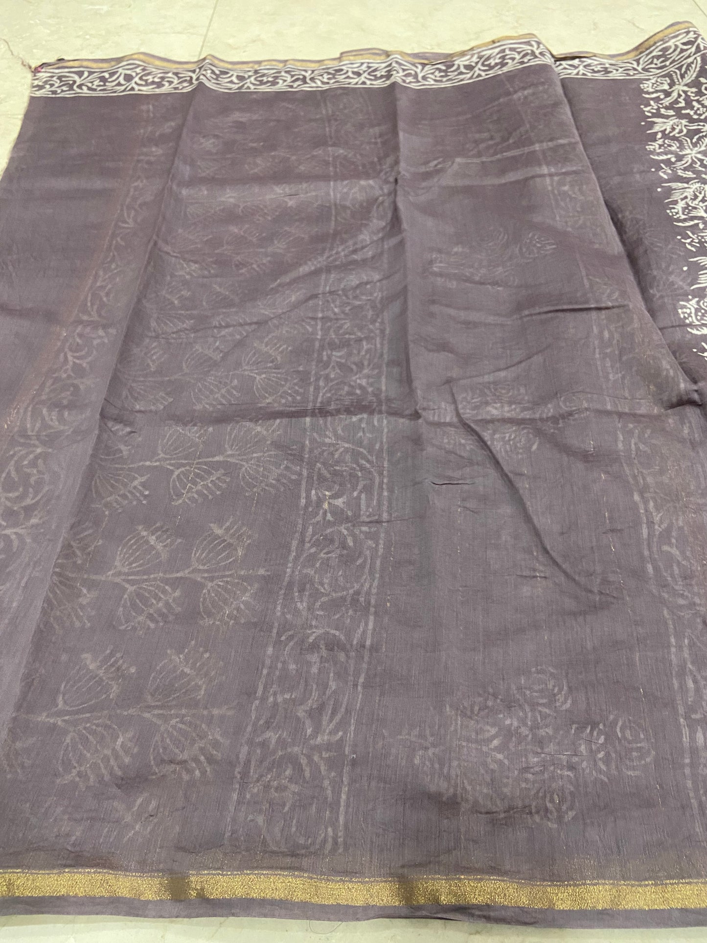 Grey chanderi cotton silk zari border saree