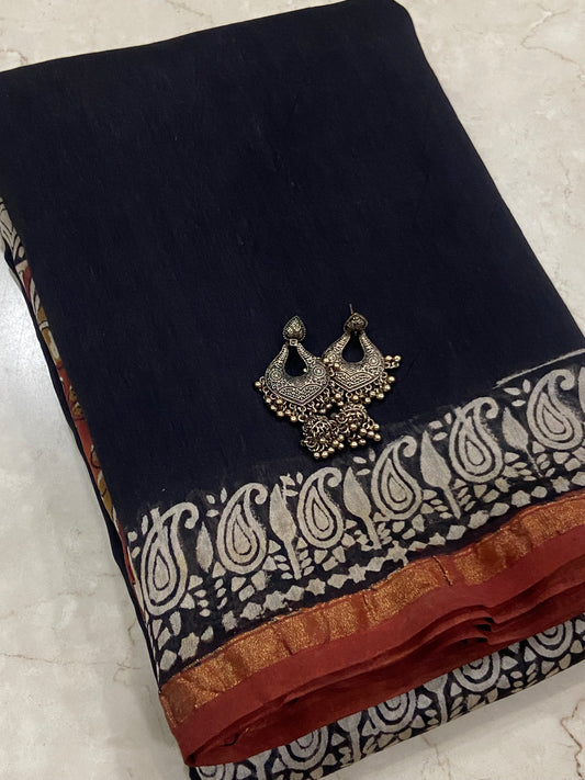 Black and big mango border chanderi cotton silk saree