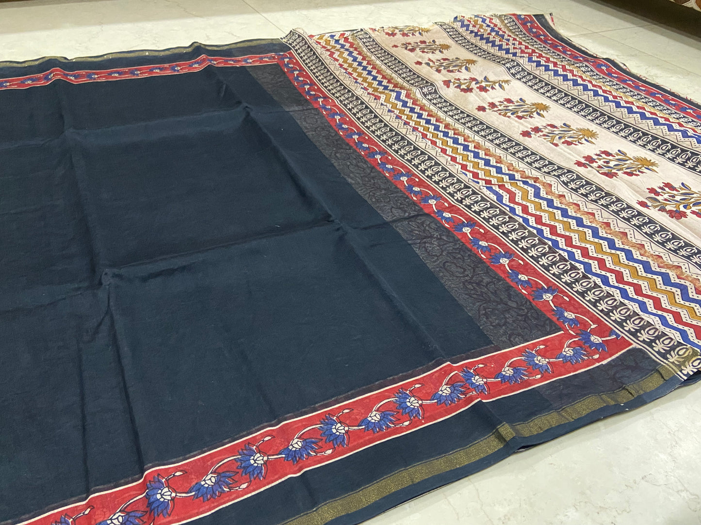Black chanderi cotton silk zari border saree