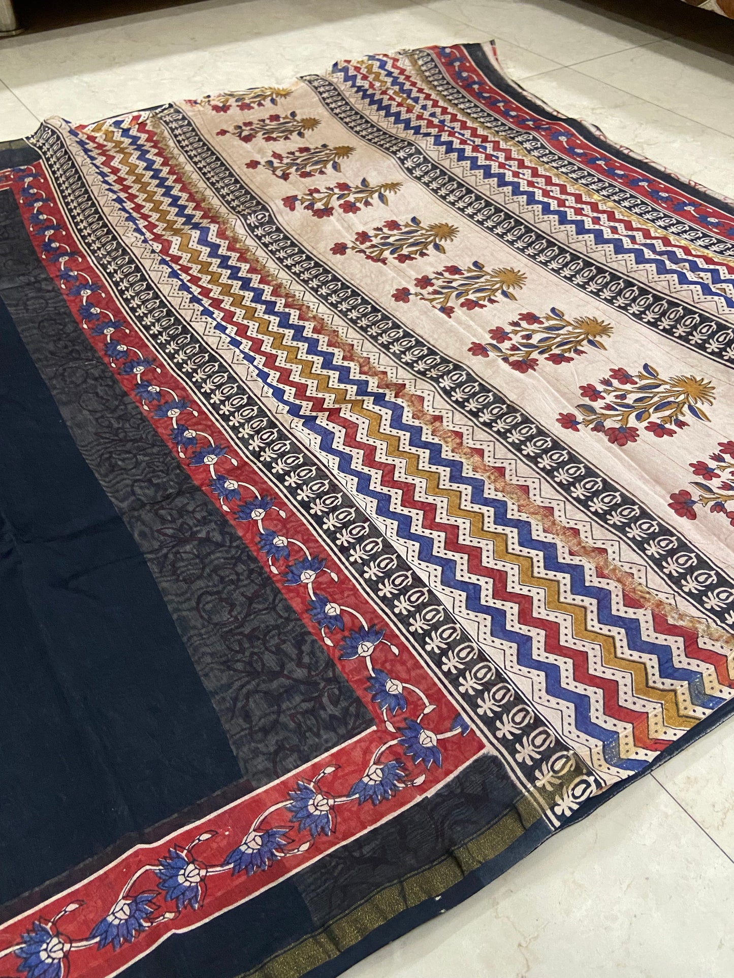 Black chanderi cotton silk zari border saree