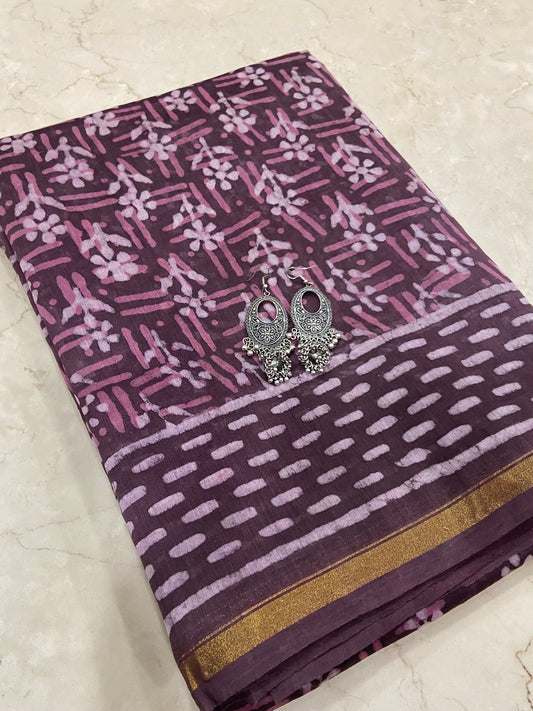 Mauve pink chanderi cotton silk zari border saree