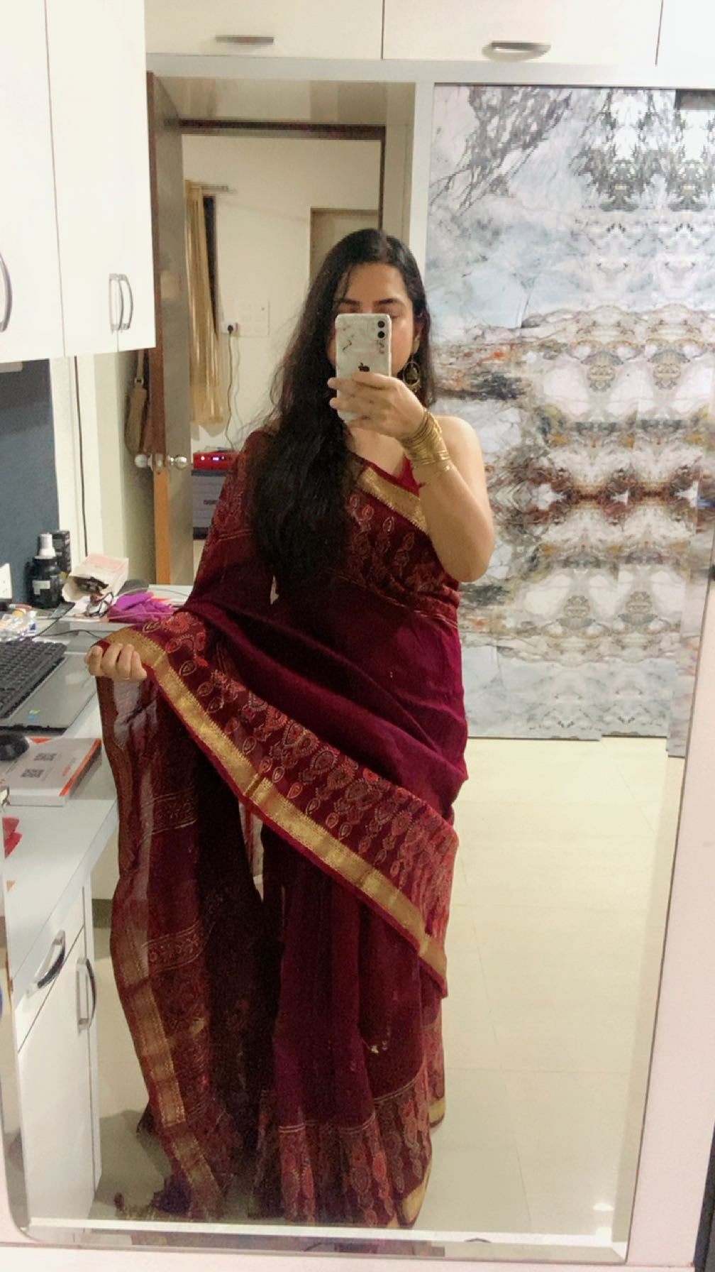 Burgundy maheshwari cotton silk zari border saree