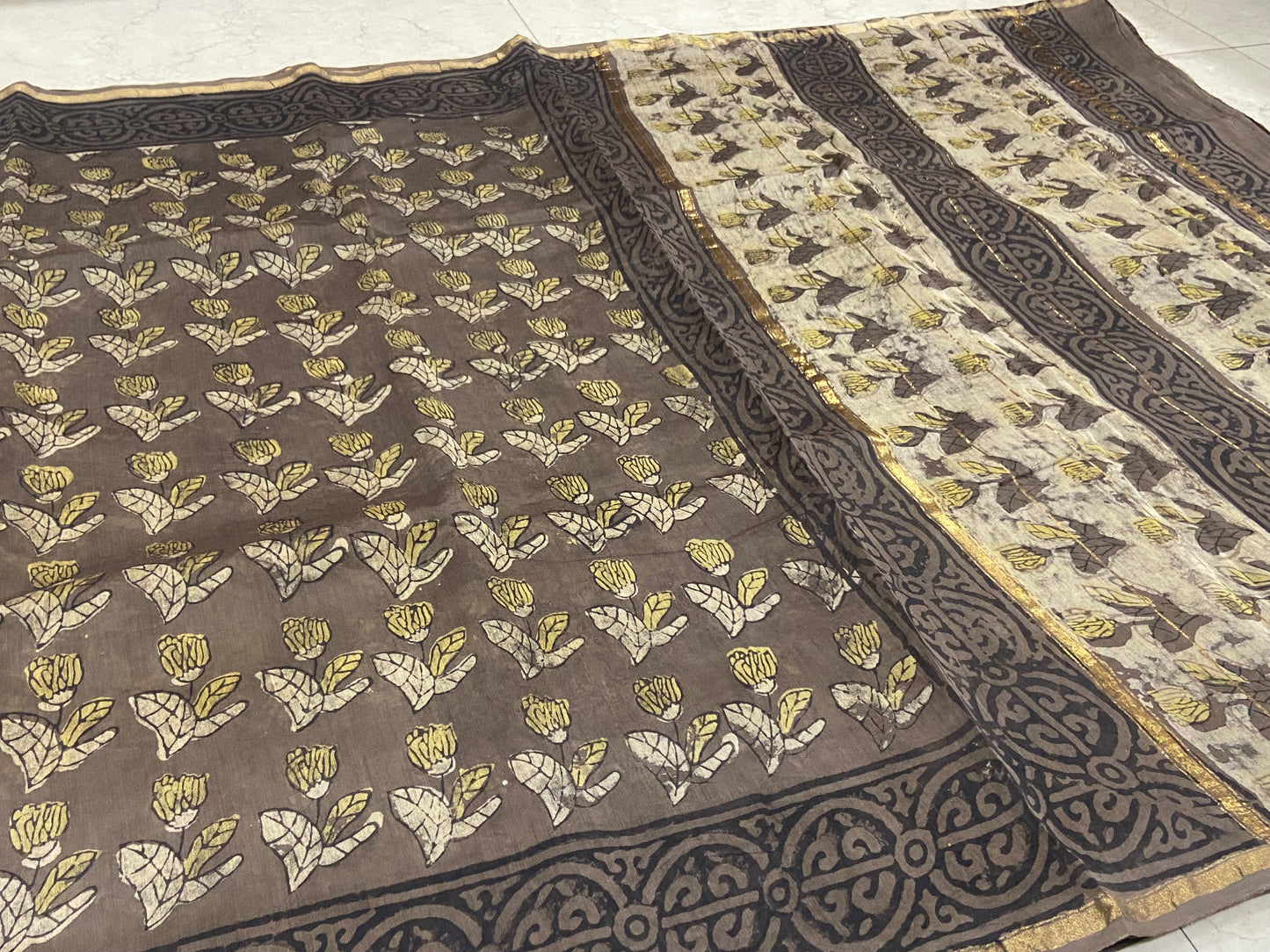 Brown bear chanderi cotton silk zari border saree