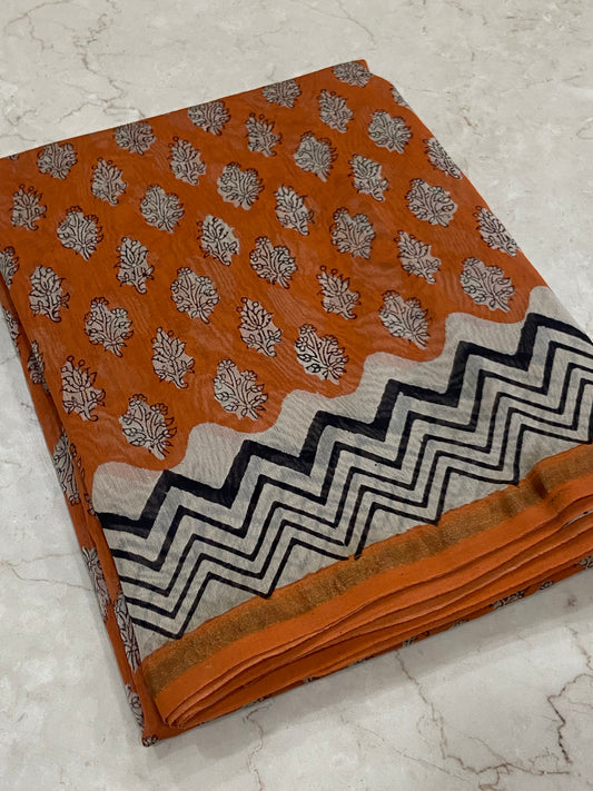 Orange chanderi cotton silk zari border saree