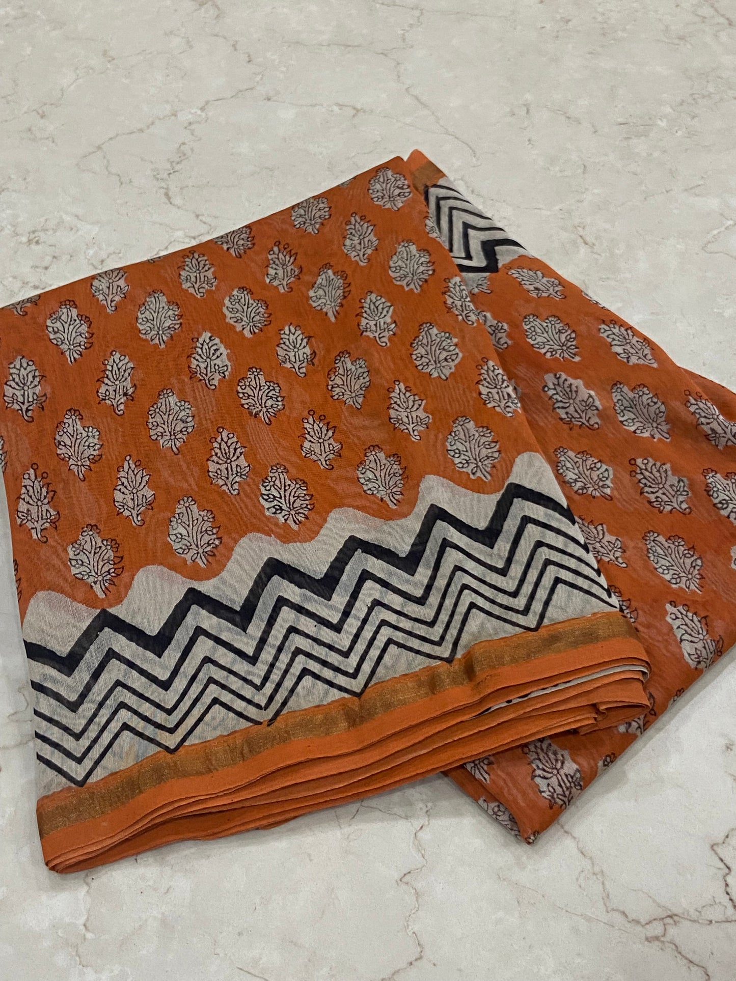 Orange chanderi cotton silk zari border saree