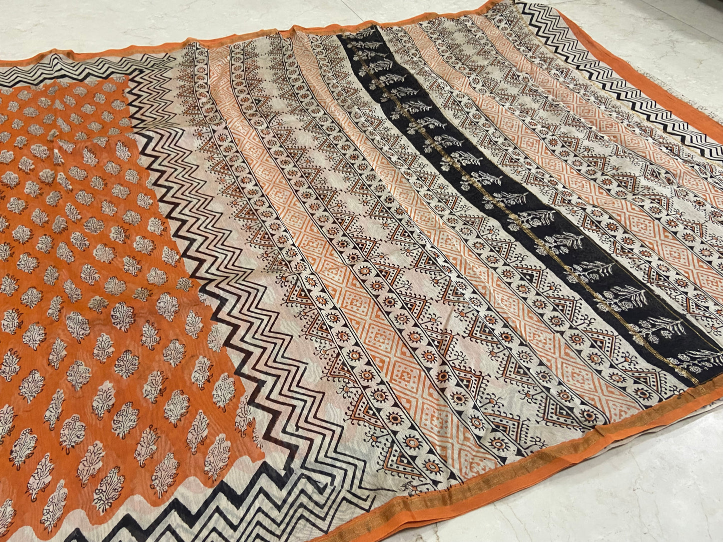 Orange chanderi cotton silk zari border saree