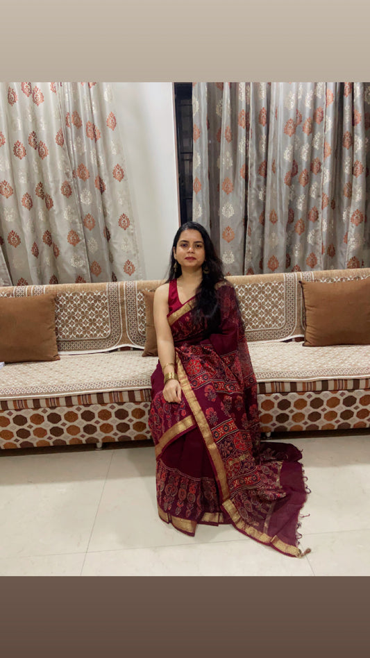 Burgundy maheshwari cotton silk zari border saree
