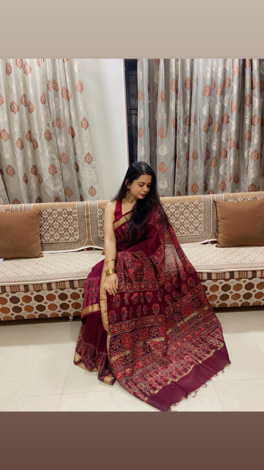 Burgundy maheshwari cotton silk zari border saree