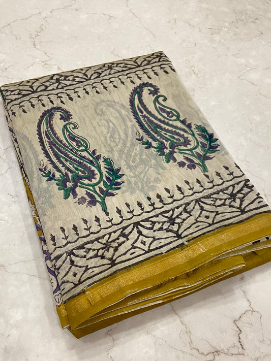 Mustard yellow chanderi cotton silk zari border saree
