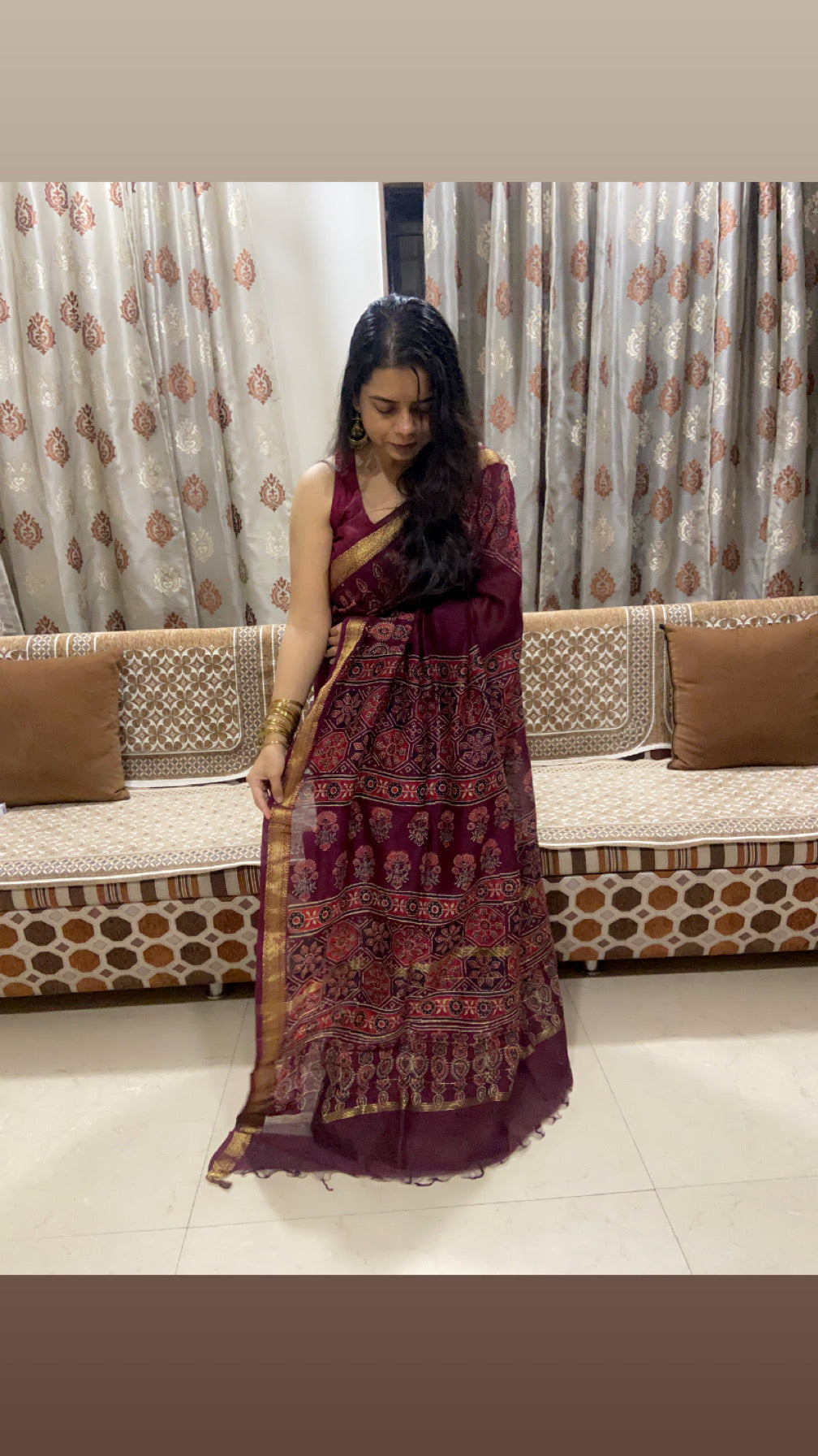 Burgundy maheshwari cotton silk zari border saree