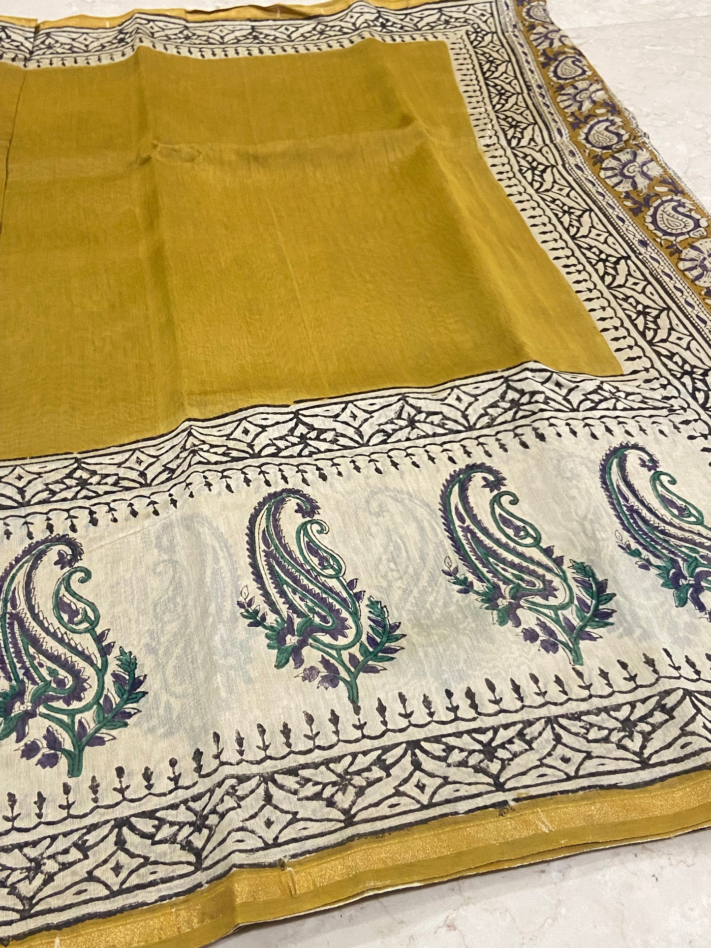 Mustard yellow chanderi cotton silk zari border saree
